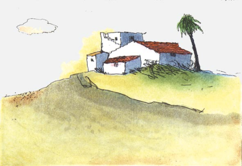 Janosch/4 Häuser und eine Palme - Radierung